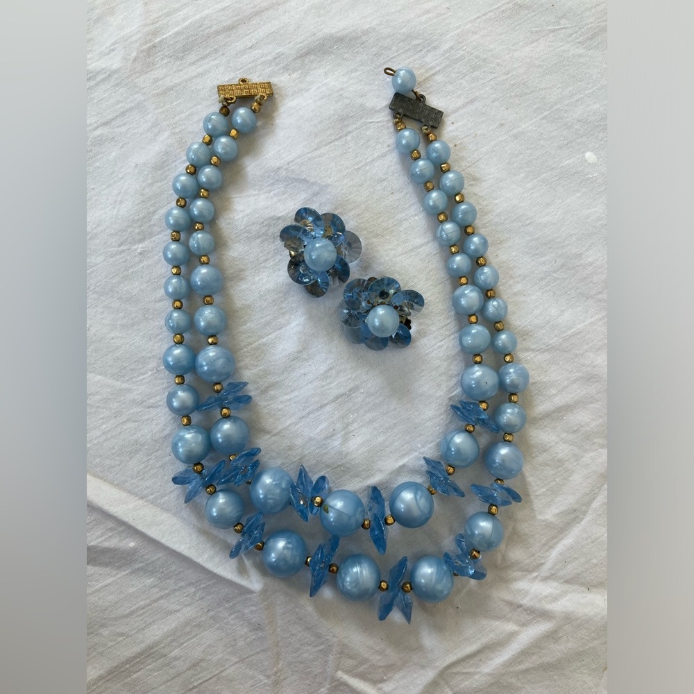 Vintage Light Blue Double Strand Necklace with Matching Earrings